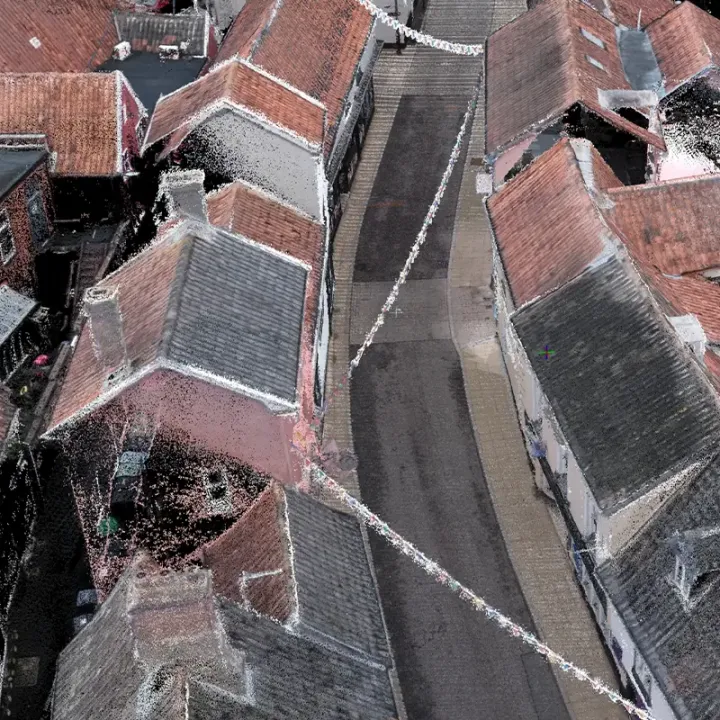 Laser scan point cloud of a street, showing roofs, road and building fronts