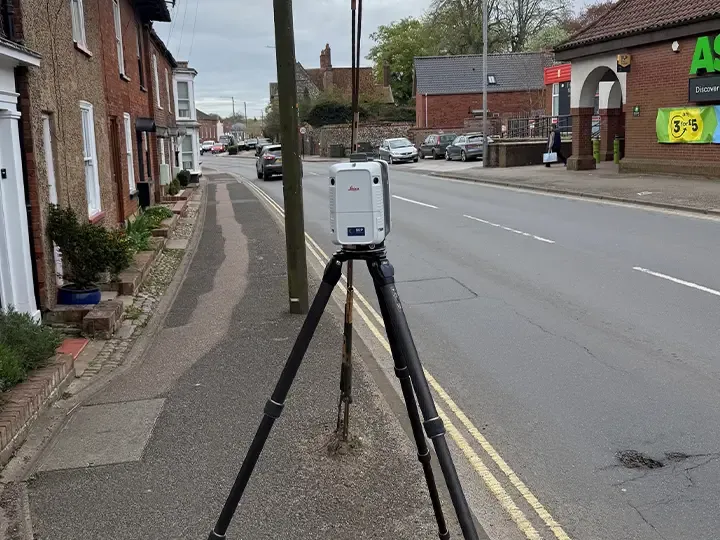 Leica RTC360 3D laser scanner set up on a town high street