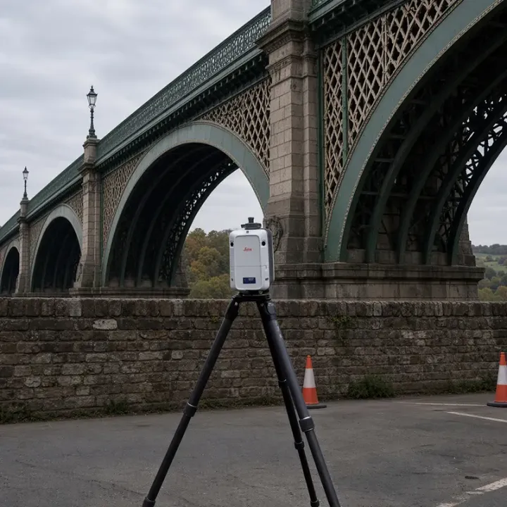 Leica scanner set up in front of a bridge for a repeat scan